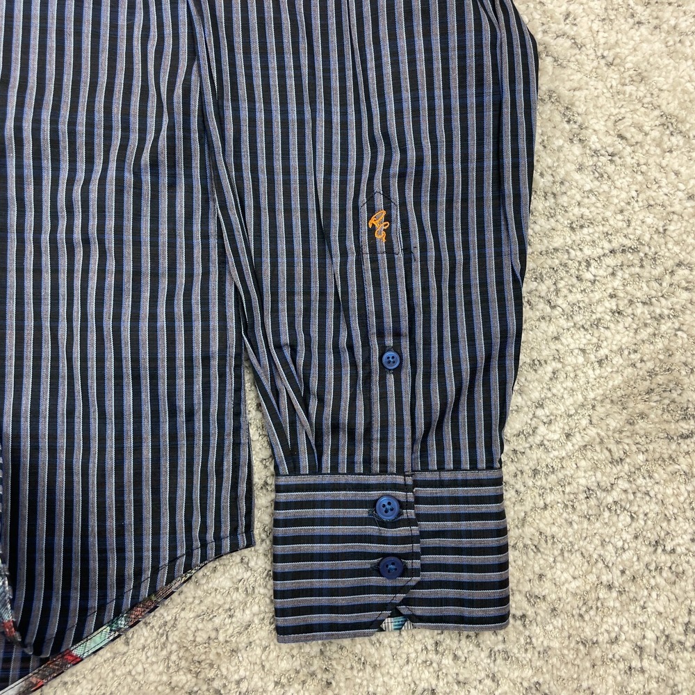 Robert Graham Shirt Men Large Flip Cuff Classic Fit Striped Geometric Black Blue - Picture 7 of 12